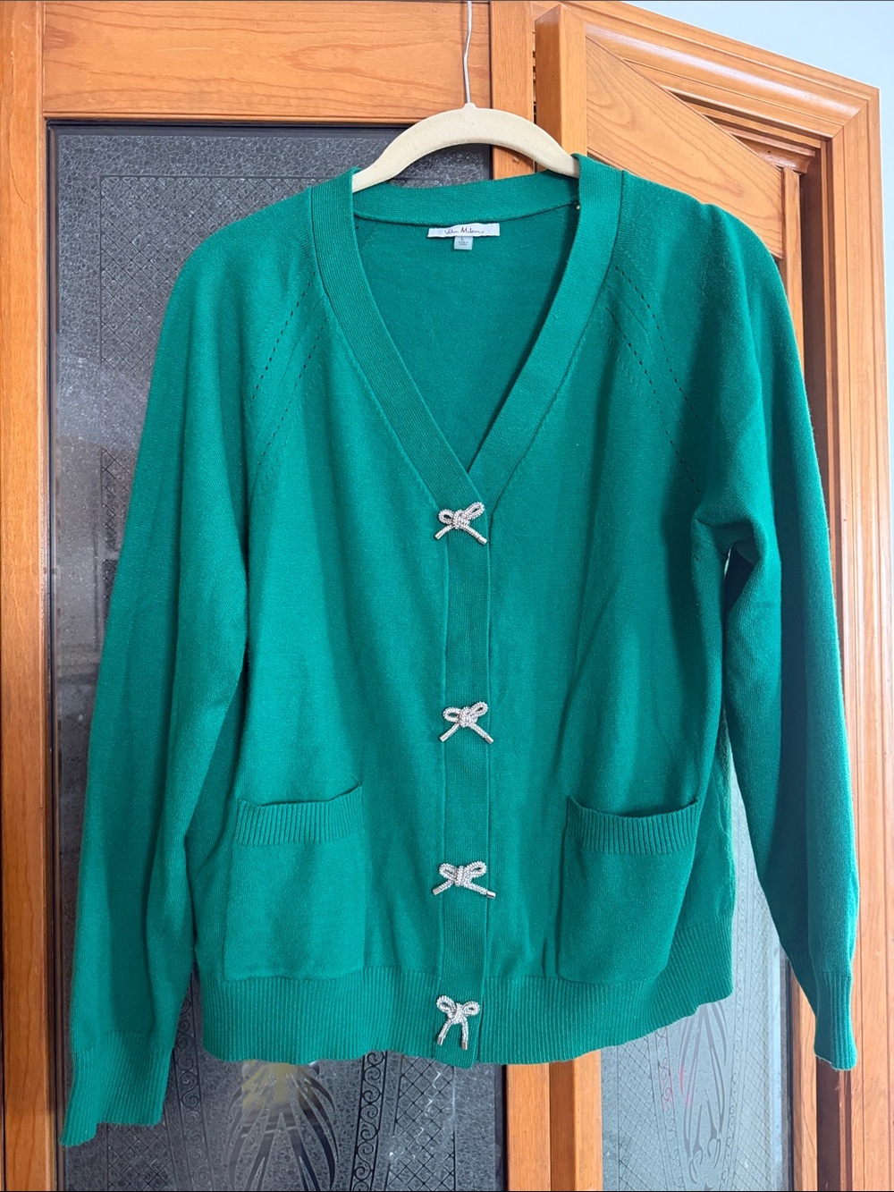 Christmas Holiday Vila Milano Green Bow-Accent V-Neck Cardigan Sweater - Lg